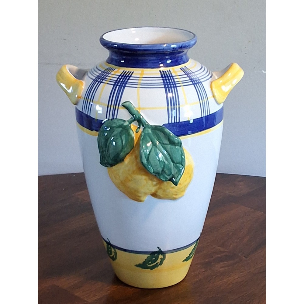 Vintage Ceramic Vase Blue Yellow 3D Lemon 10.5" No Chips VGVC!